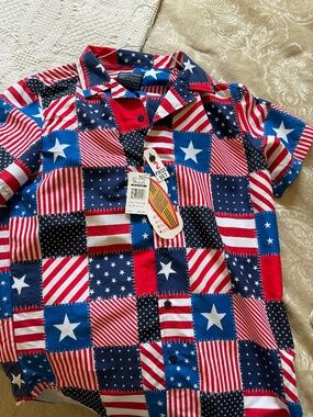 Patriotic Patchwork Short Sleeve Button and Matching Swim Trunks/Shorts